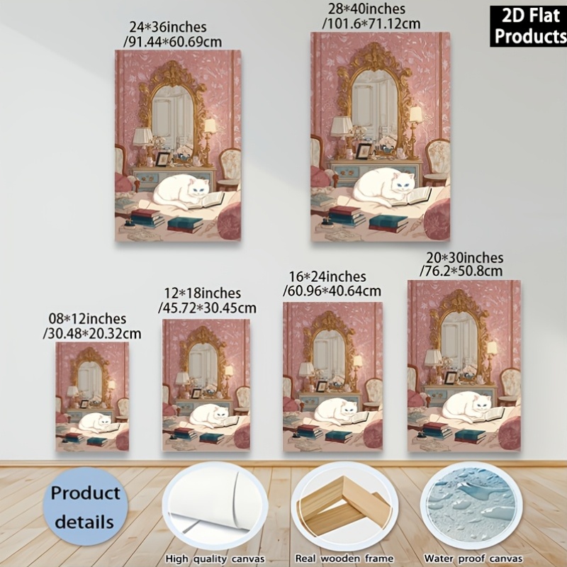 Canvas Painting Wall Decor Featuring a White Cat Reading a Book