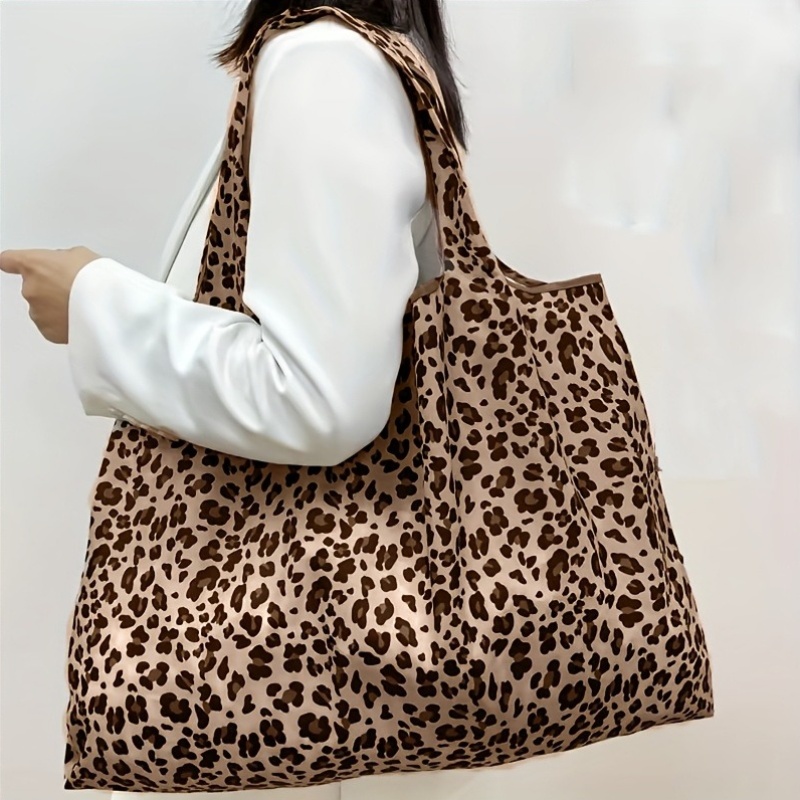 Bolso Tote de Gran Capacidad con Estampado de Leopardo para Mujer - Espacioso, Resistente Bolso de Compras de Poliéster en Marrón, Diseño Plegable Adecuado para Uso Diario, Año Nuevo, Viajes, Asas Resistentes, Accesorio de Moda, Perfecto para Compras de San Valentín