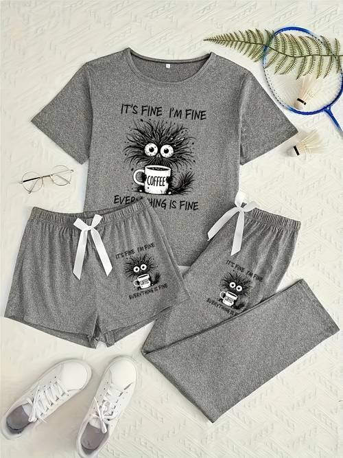 Women'S Casual Pajama Set with Crazy Cat Coffee Print Short Sleeve Shorts And Long Pants 3pcs Set