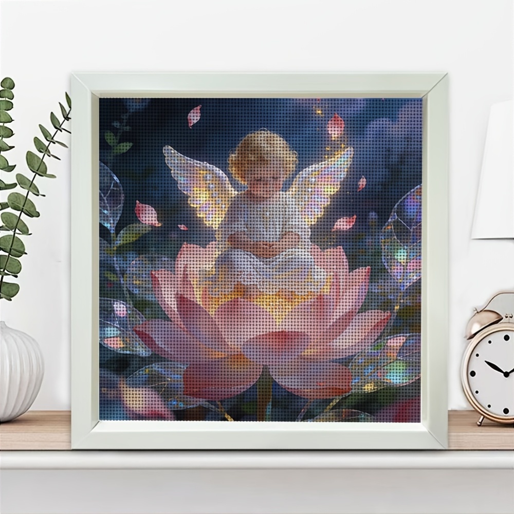 Frameless Cross Stitch Printed Kit, Angel Sitting on Lotus Pattern