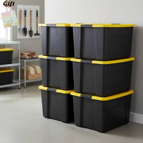 6 pack 20 qt rugged stackable storage heavy duty black plastic organizer bins with lids for garage attic and multipurpose utility storage