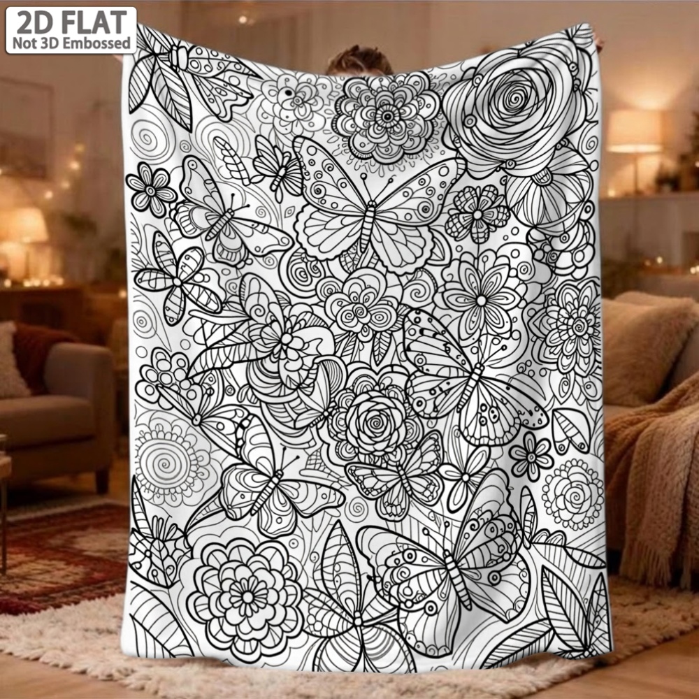 TEMU 1pc Adult Coloring Blanket With And Floral Print - 280gsm Flannel Leisure Blanket, Suitable For Bedroom And Sofa Cover, Warm And Washable