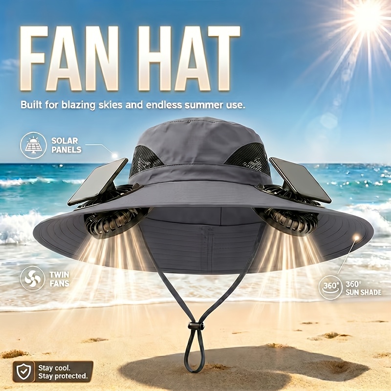 TEMU Outdoor Wide Brim Sun Hat With 2 Solar Cooling Fans, Adjustable Wind Speed Design With Breathable Material And Adjustable Chin Strap For Fishing, Travel & Camping Trips
