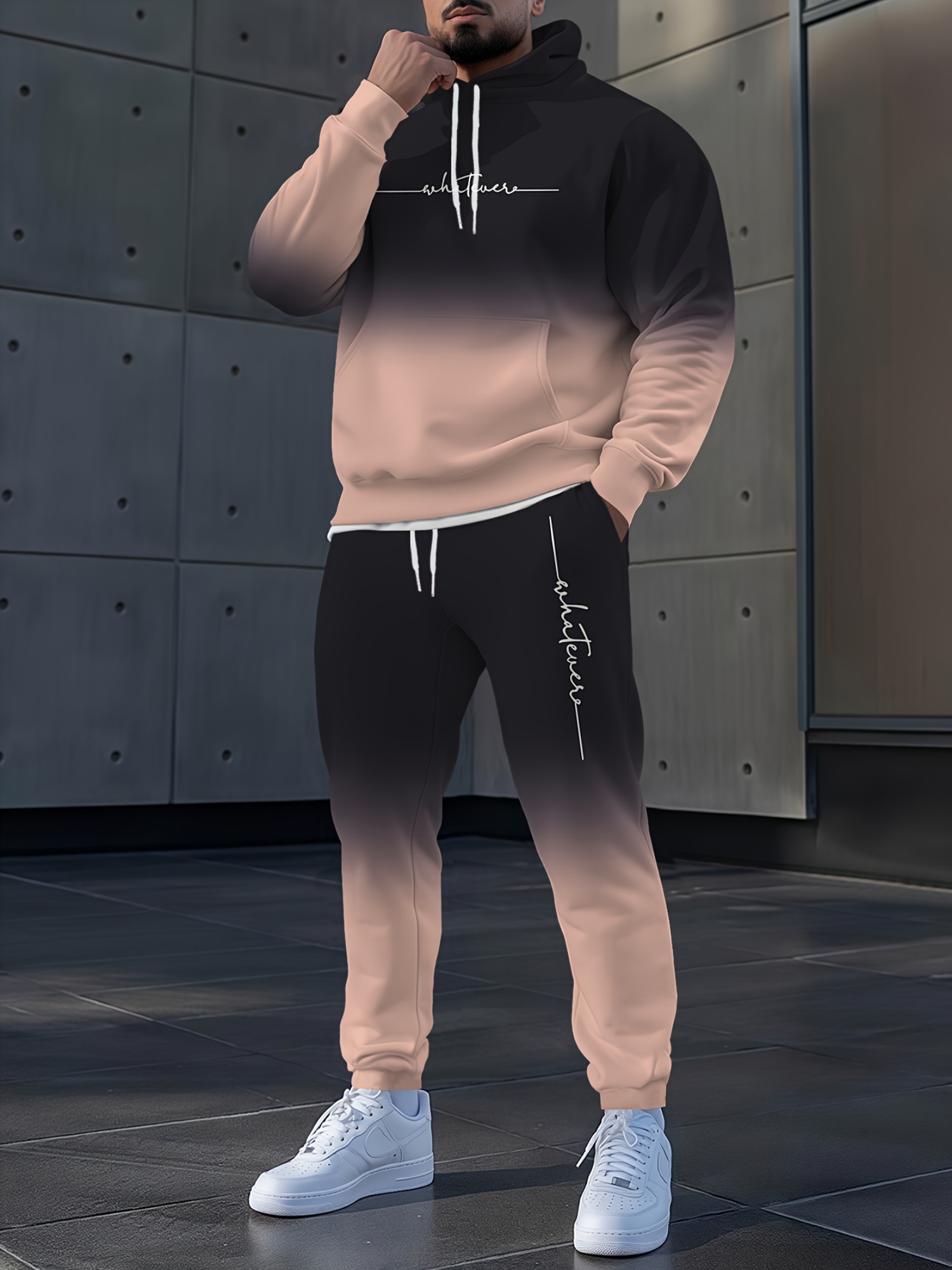 item picture Men'S Fashion Tracksuit Gradient Full Body Print Letter Print Long Sleeve Hoodie + Pants 2pcs Set Fashion Trend Casual Men And Women Couple Set Hoodie And Pants Set