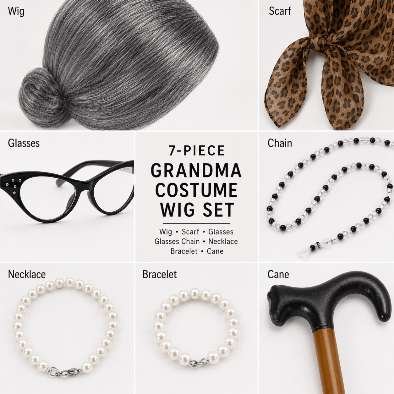 7pcs Grandma Costume Set with Pearl Jewelry