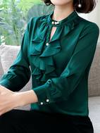1pc womens elegant ruffle stand collar long sleeve blouse polyester mermaid hem shirt solid color pullover skinny fit for weekend casual woven ruffle sleeve blouse