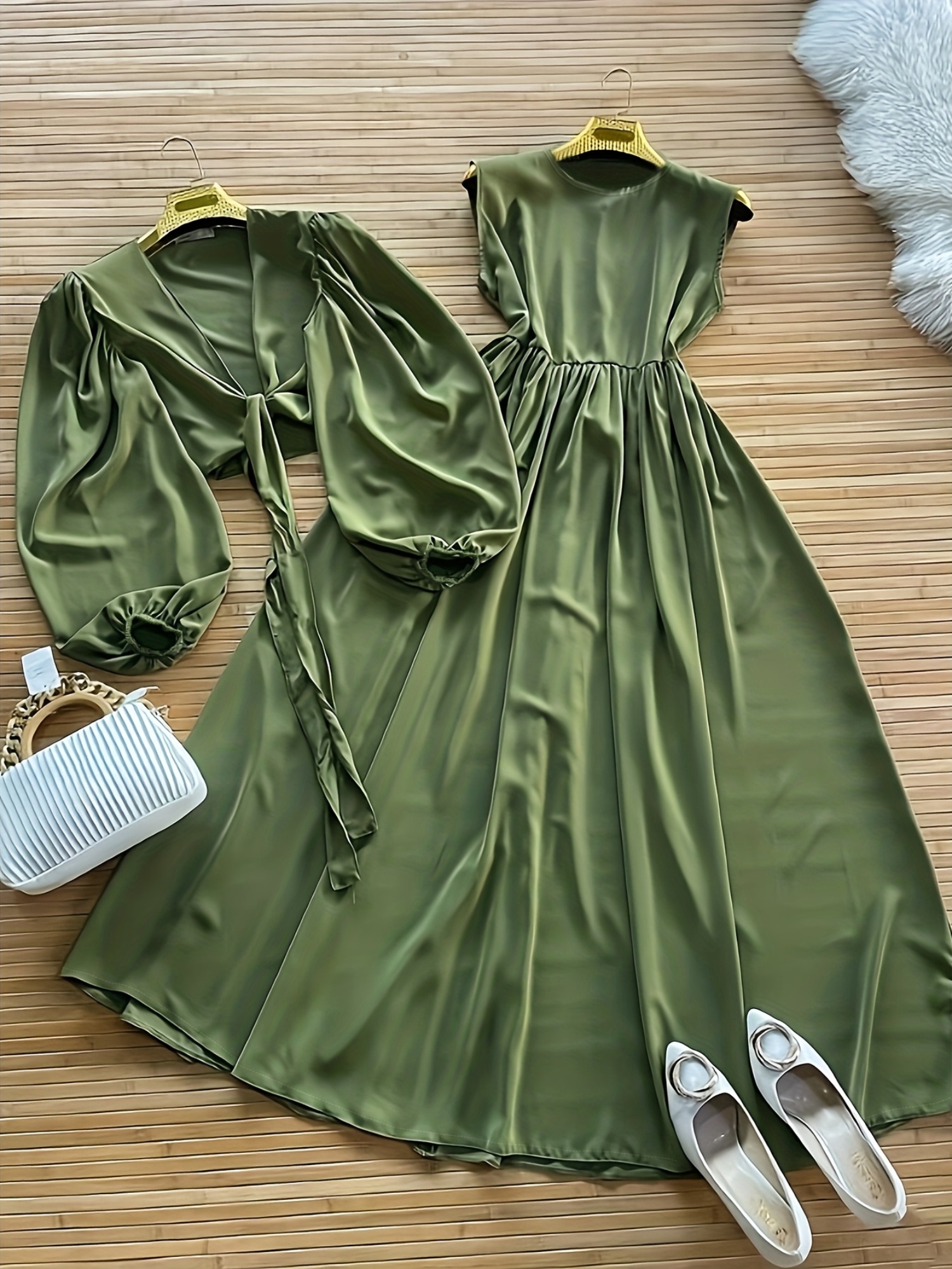 Women'S Elegant Green Dress and Cardigan Set Chic Sleeveless Maxi Dress  with Hem Spring and Fall, Casual to Formal Wear, Casual Attire|* Hem