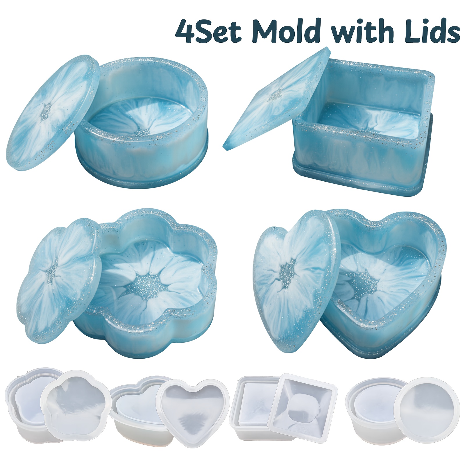 TEMU 4 Sets/8pcs Moules de Boîtes de Rangement de Cœur, Rond, Carré et Fleur – Ensemble de Boîtes de Moules en Silicone de Cœur, Rond, Carré et Fleur