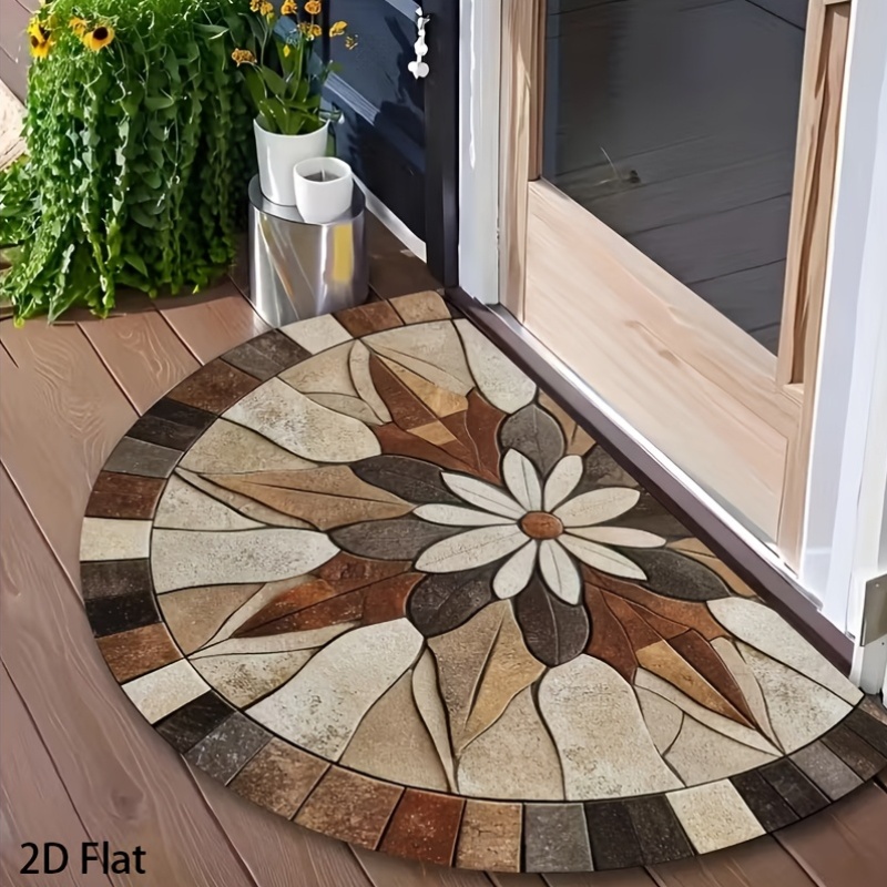 1pc floral stone tile   semi circular welcome mat machine washable indoor outdoor door mat suitable for entrance kitchen courtyard bathroom decor durable polyester indoor outdoor front door decorative welcome mat