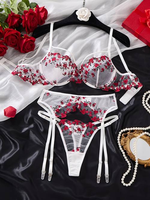 womens white floral embroidery small floral set 3pcs set with underwire bra waist belt and adjustable medium support romantic lingerie for wedding pre wedding party and date gift for her