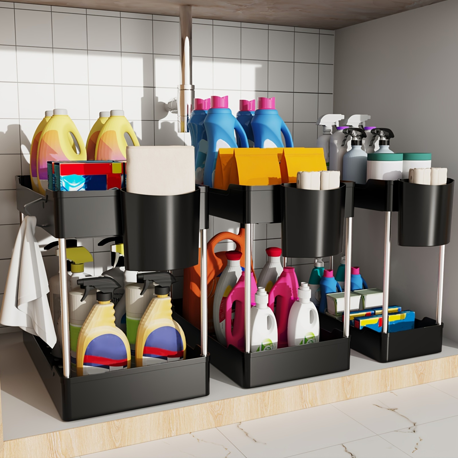 

3-pack Under Sink Organizer Set With Hooks - 2-tier Storage Bins For Kitchen & Bathroom, Space-saving Cabinet Shelves, Black Plastic