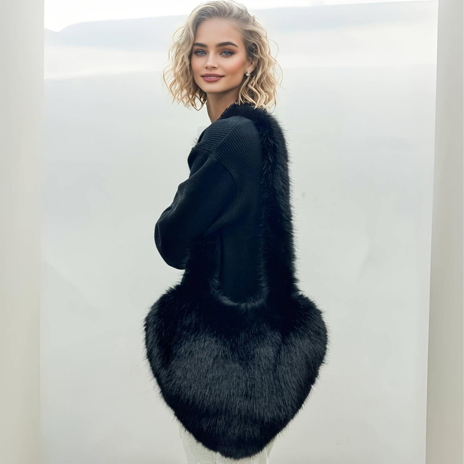 1pc chic womens heart shaped plush crossbody bag large capacity vintage   portable shoulder bag for travel streetwear black travel shoulder bag vintage   bag     fur bag 5
