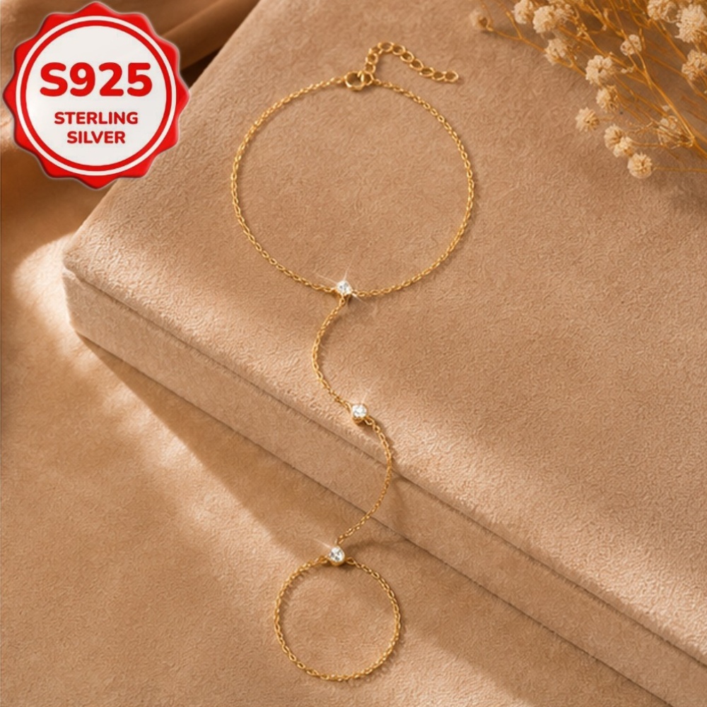 S925 Silver 3-Heart Cubic Zirconia Bracelet — Adjustable Gift