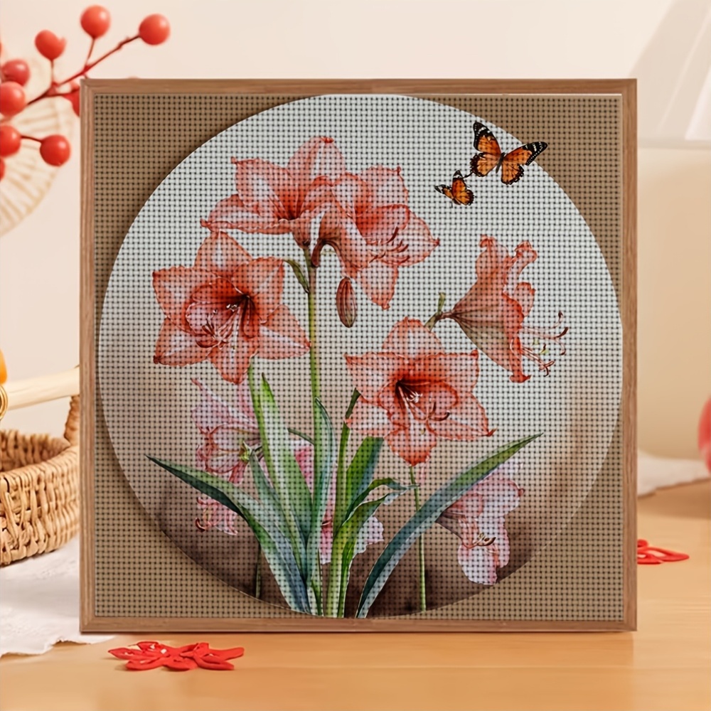 New Cross Stitch Printed Kit, Frameless, "Round Frame Floral Butterfly" Pattern