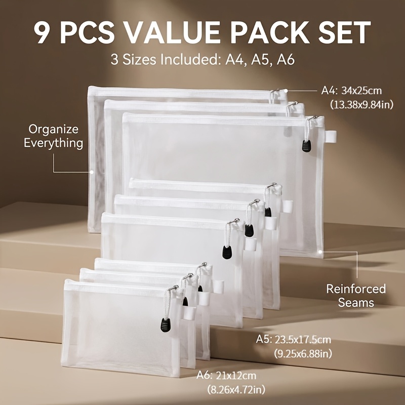 TEMU 9pcs A6/a5/a4 Large Capacity Office Mesh Zipper Pouches - Zipper File Bag Folder With Mesh Design, Transparent Pencil Case, Folder Puzzle