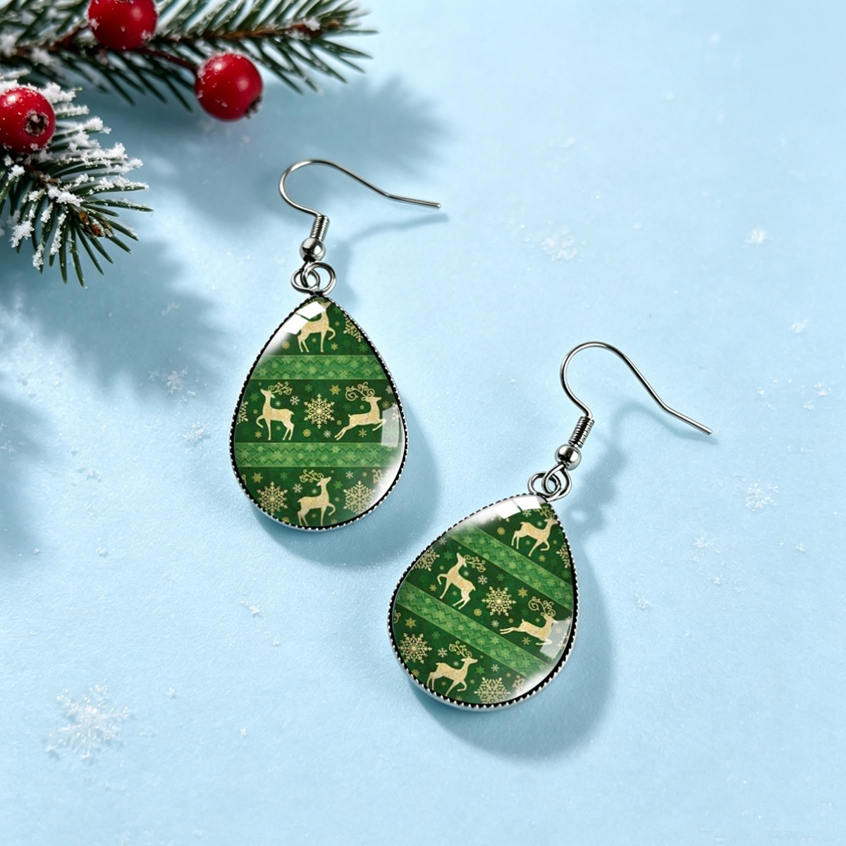 Vintage Festive Style Reindeer Snowflake Drop Earrings