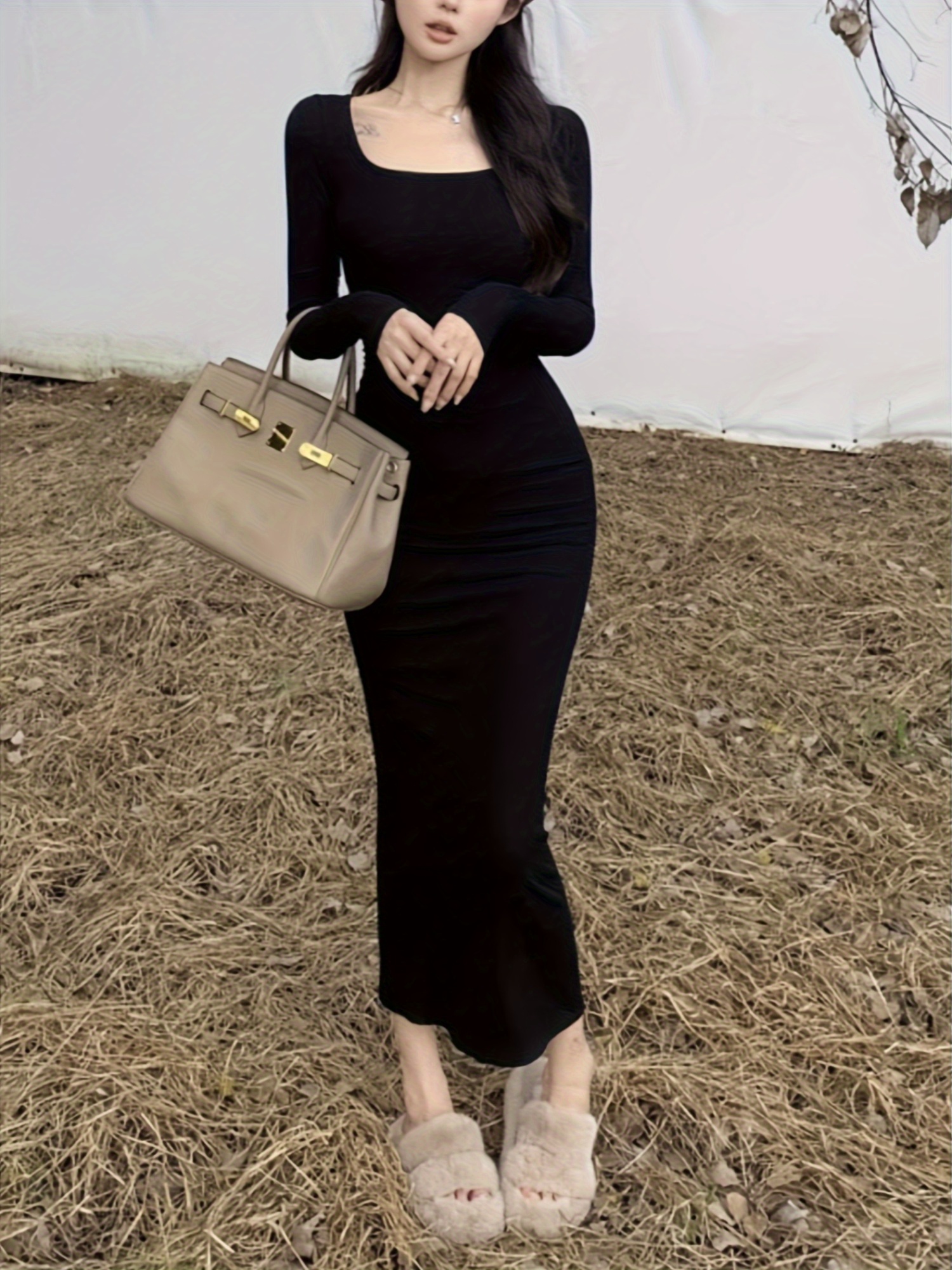 women's fit long sleeve bodycon dress - solid color black, floor-length  casual dress for spring/summer/fall, casual attire, spring summer dress |  sleek fitted dress | smooth texture dress - women's clothing -