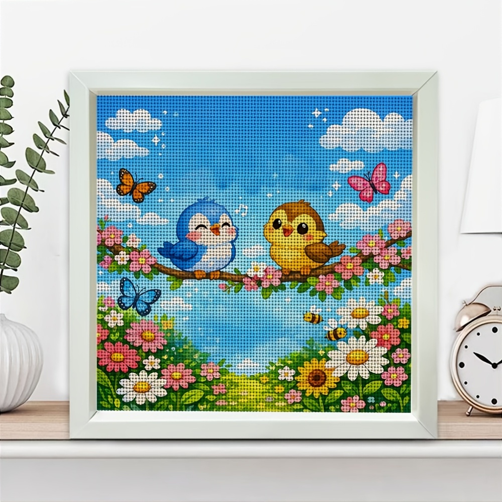 Frameless Cross-Stitch Printed Kit Featuring Two Birds Singing on a Branch