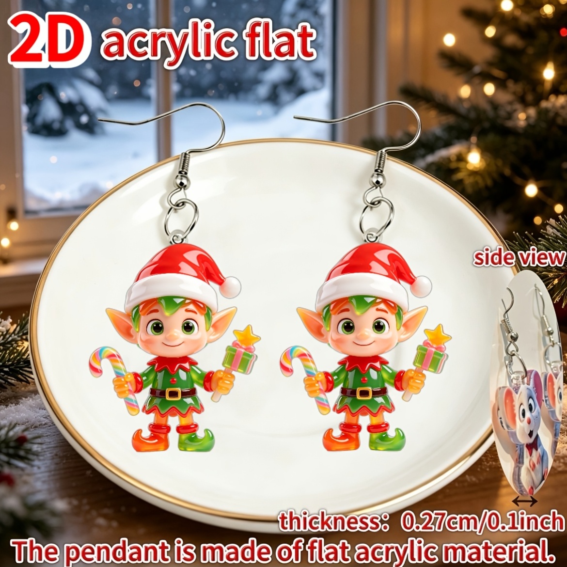 2D Flat Christmas Elf Acrylic Earrings, Cute Girly Style