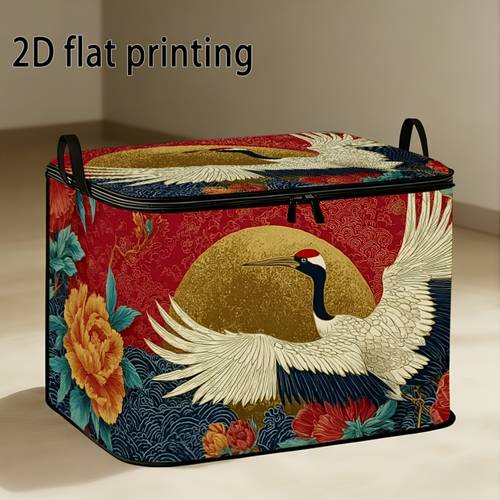 item picture 1pc large capacity lid storage for box chinese crane carrying branches peony sunrise pattern 2d flat design foldable zip up storage box portable storage bag with handle multifunctional clothing organizer