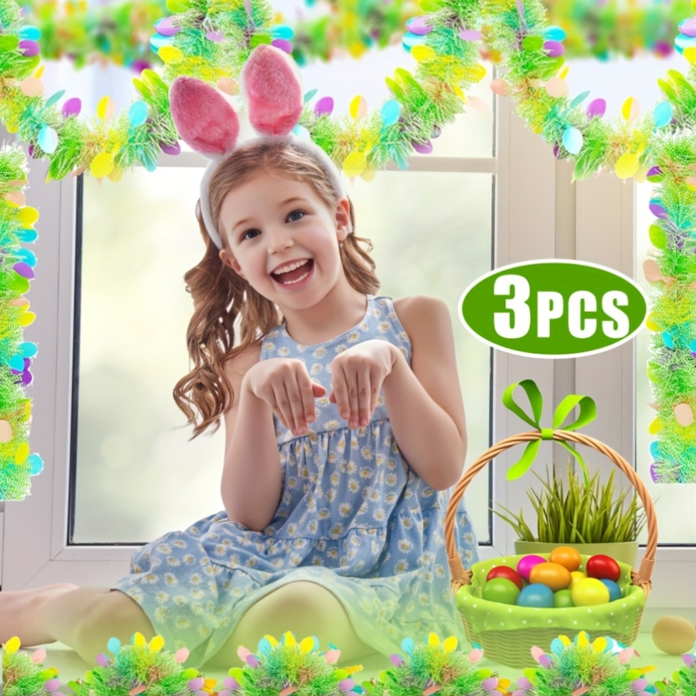 Image of 3pcs Colorful Easter Garland Decorations - 6m Total Length, With Multicolor Flowers & Butterflies, Durable Plastic Spring Hanging Wreaths For Party & Home Decor, Decorations