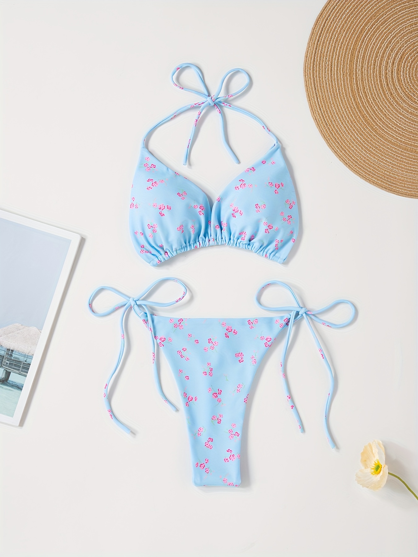 Floral Print V-Neck Bikini Set for Women, Polyester and Elastane Blend, High Stretch, Knit Fabric, with Bow Detail, for Sexy Lingerie Style Swimwear