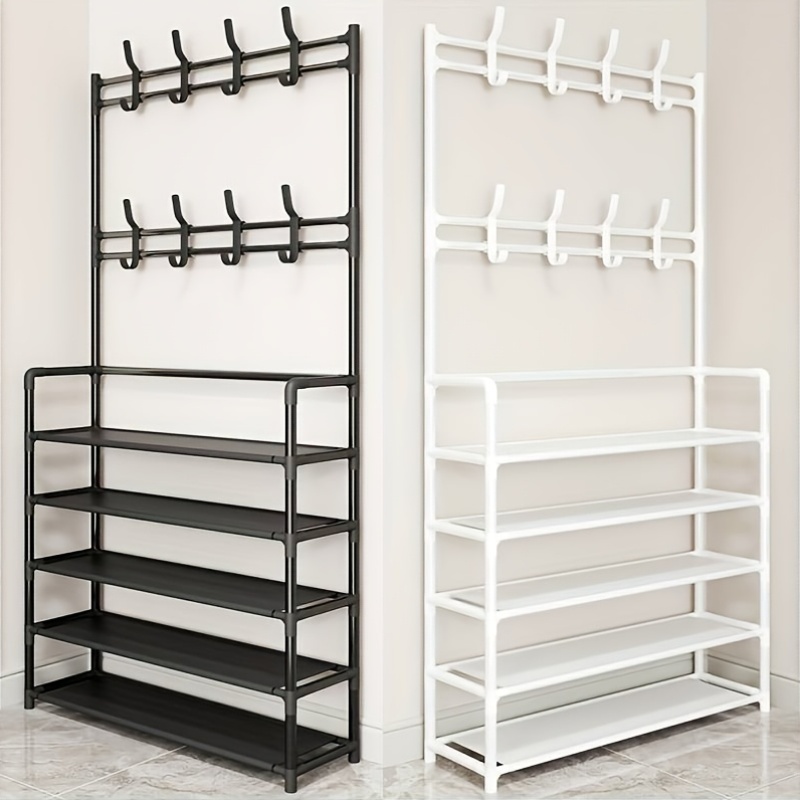 1pc Five-Layer Coat Rack And Shoe Rack Combination, Household Floor-Standing Coat Rack + Shoe Rack Two-In-One, Top Hook for Hanging Hats And Bags + Five-Layer Shoe Rack, Thickened Steel Pipe for Stable Load-Bearing, Entrance Door Storage Rack
