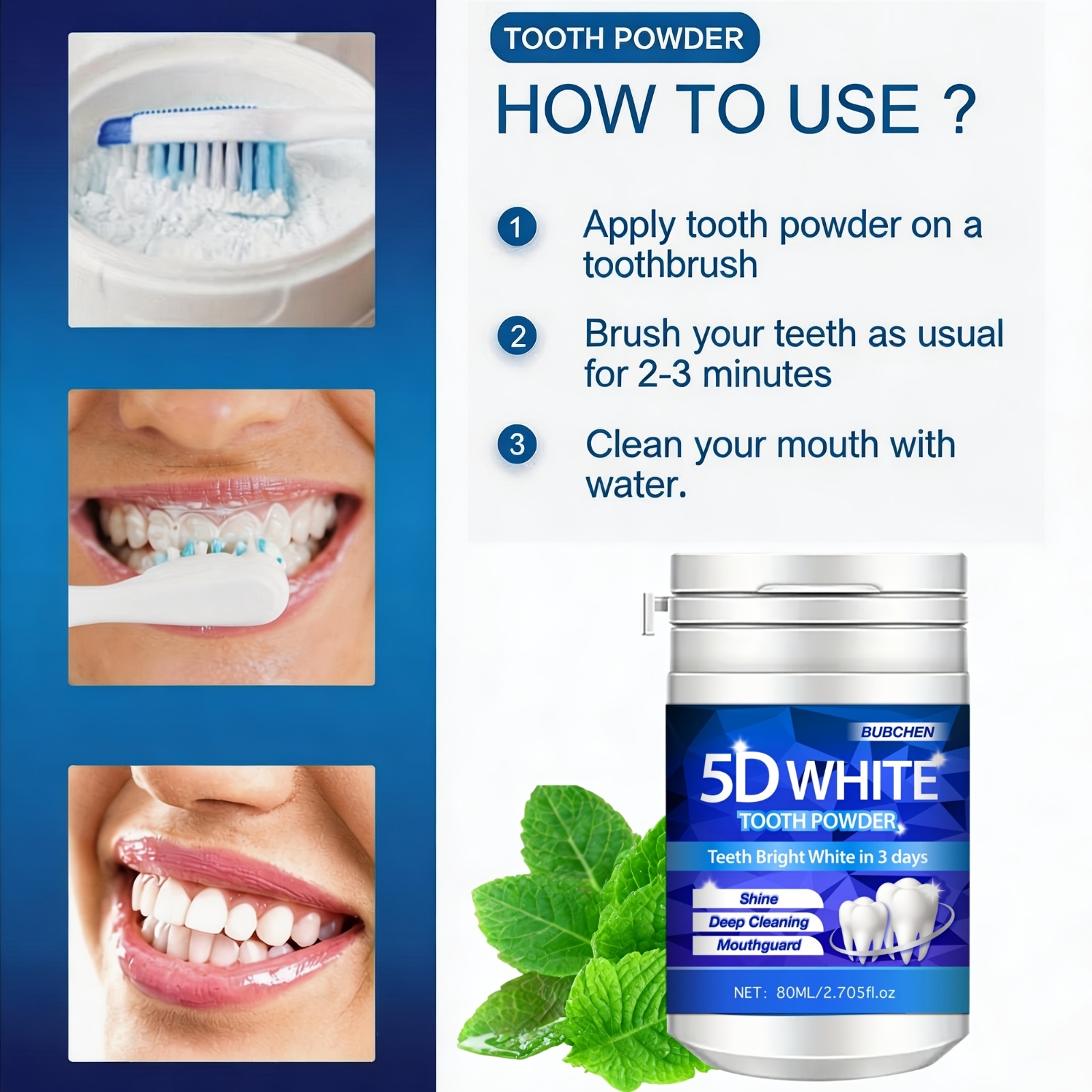 80ML Bottle of 5D Bright Toothpowder for Deep Cleaning