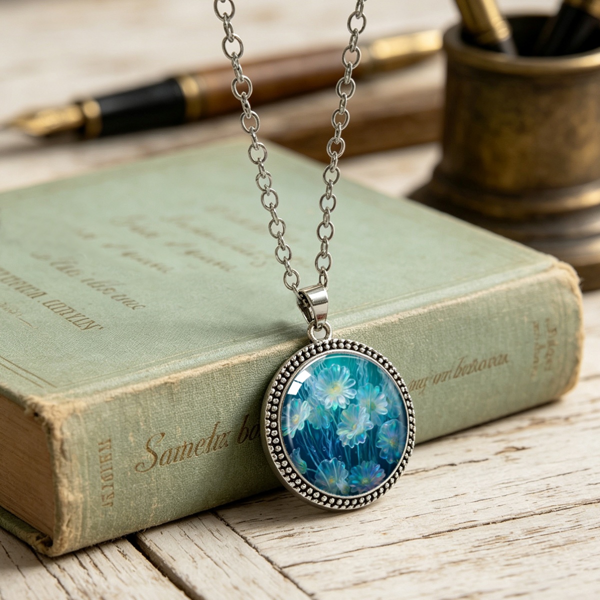 Blue Background Soft Light Floral Print Round Pendant Necklace