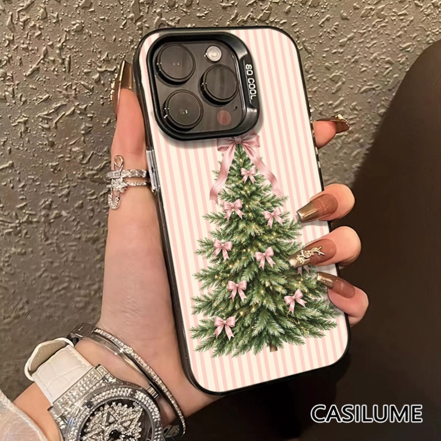 item picture Phone Case - 1pc Pink Striped Christmas Tree with Pink Bow   Style Phone Case Suitable for   Iphone 12 17 13 16 Pro Max 8Plus XS Max 15 X 11 XR 14 18 7 Printed Pattern Case Shock Proof Protective Phone Case   Lightweight Cover