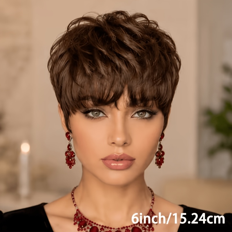 TEMU Perruque en cheveux humains Courte Droite - Couleur 4#, pour femmes, & Volume instantané, Perruques en cheveux humains pour cuir , Perruque