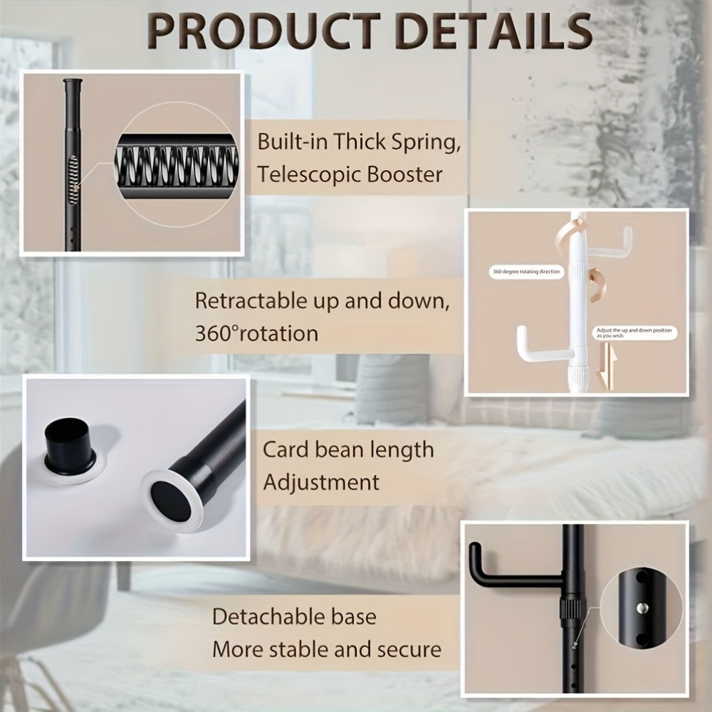 Adjustable Height Clothes Rack Rod with 4 Hooks, No Installation