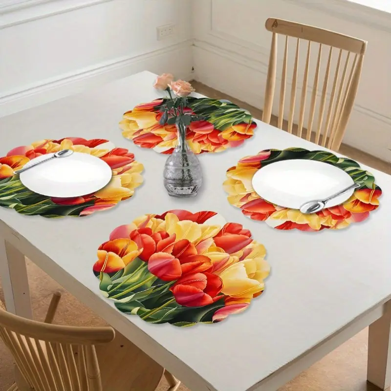 4 Lebendige Tulpen-Tischsets - 38,1 cm Rund, Rutschfest, Hitzebeständig, Maschinenwaschbare -Tischsets * für Esszimmer- Küchendekor - * für Zuhause, Restaurant Feiertagspartys, Esszimmer-Tischsets