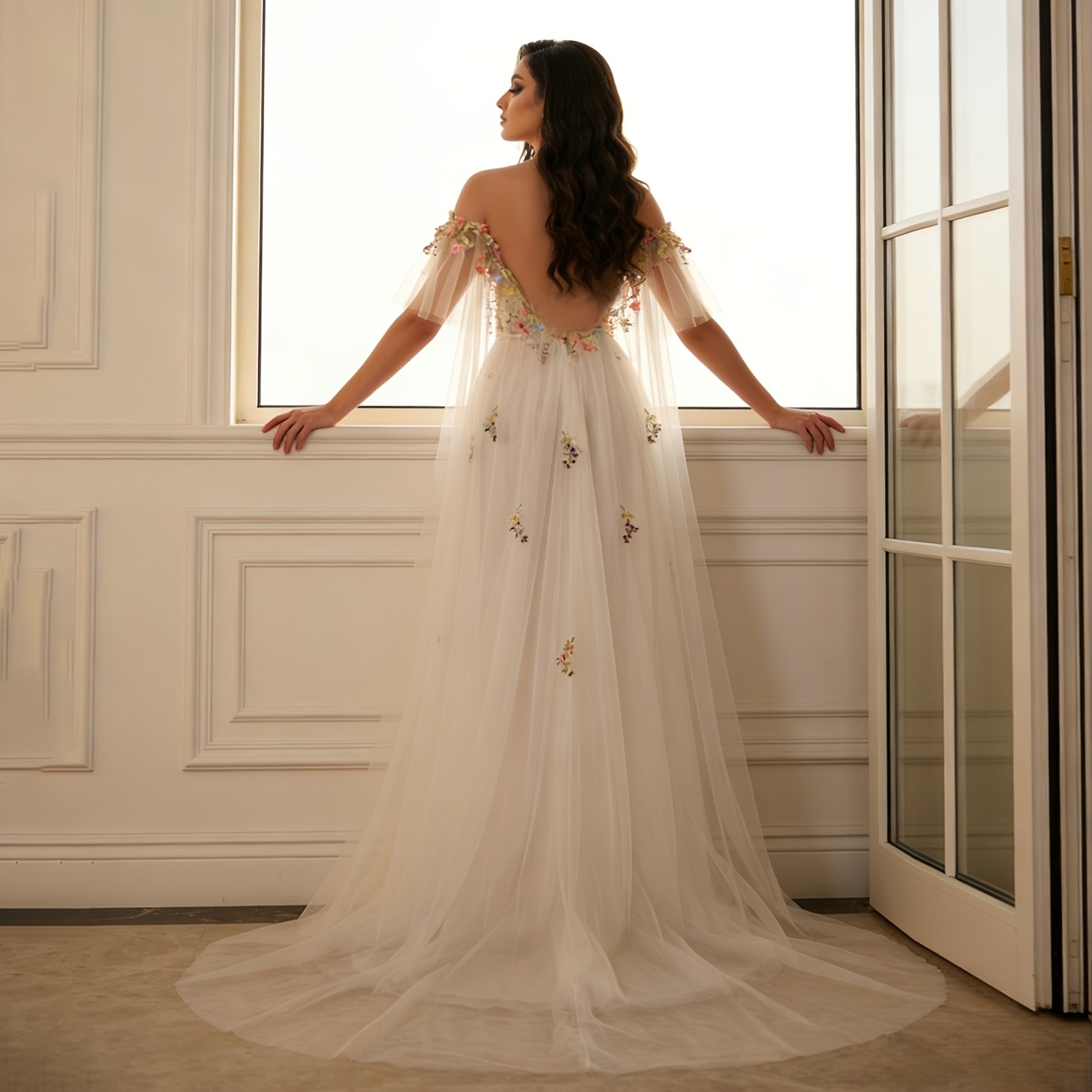 chiffon and lace dress Long Sleeve White Chiffon Long Formal Dress Off White / Large