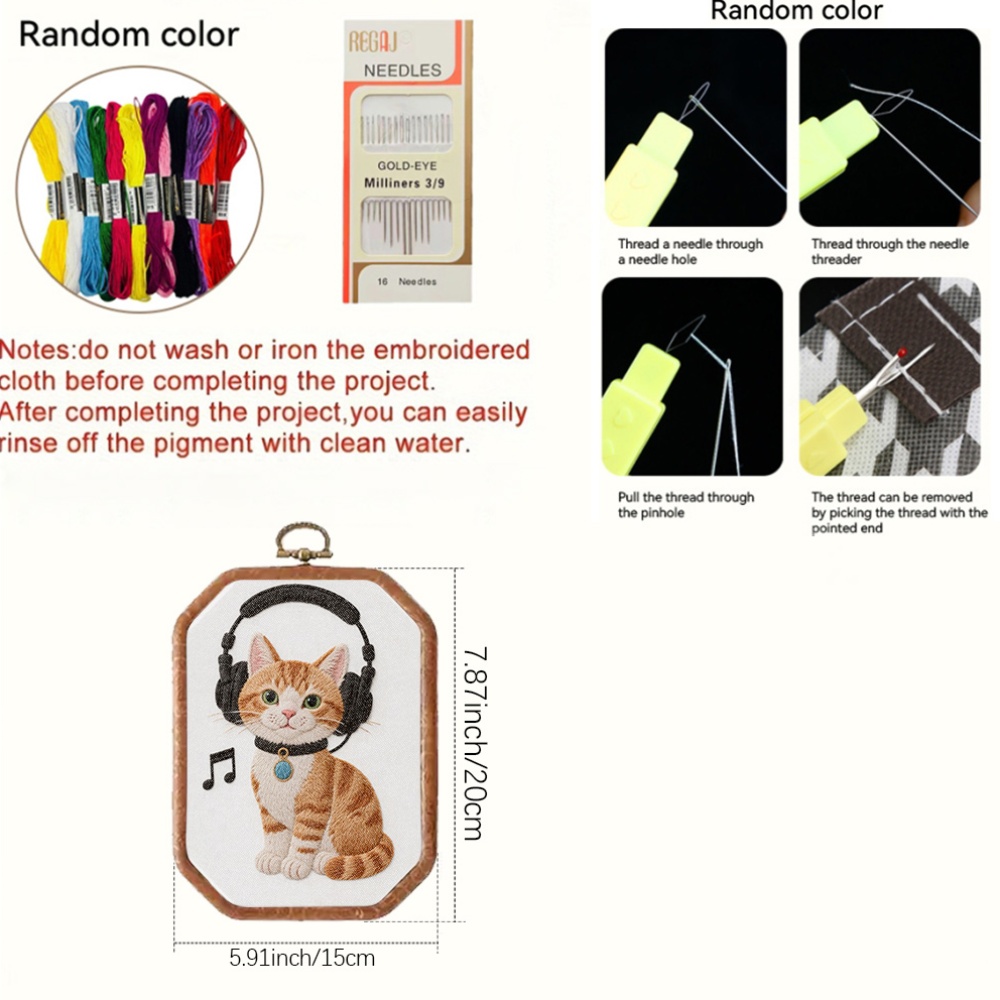 Octagon Embroidery Kit with Fluffy Kitten Design