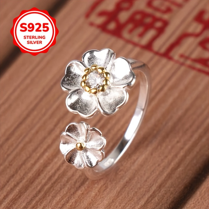 925 Silver Adjustable Double Flower Open Ring