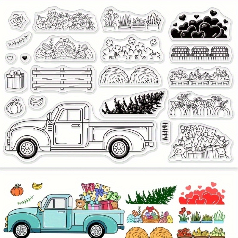 Image of Transparent Christmas Truck Rubber Stamp - Vintage With Presents, Flowers & Hearts For Diy Scrapbooking, Holiday Cards, Journals - Rectangular Craft Stamp For Festive Decorations