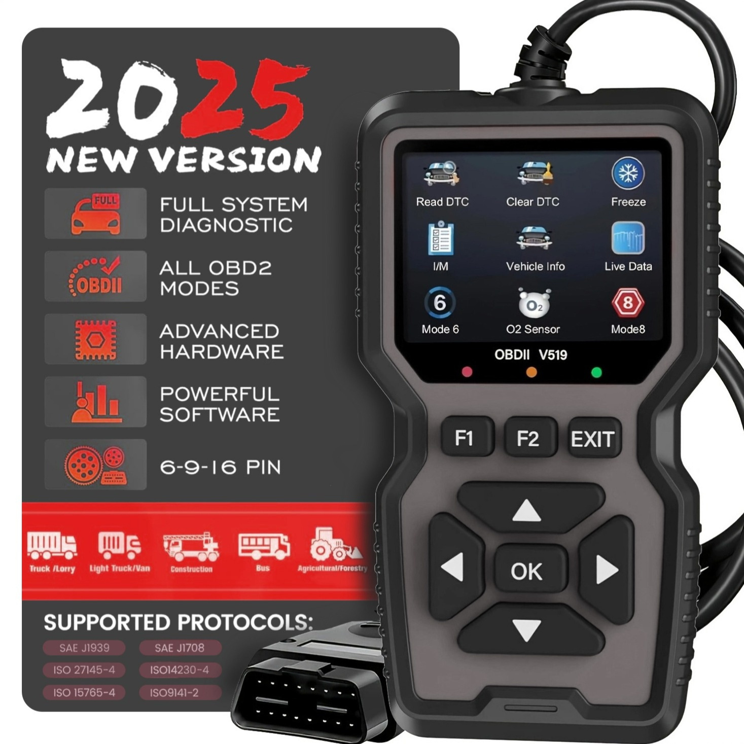 TEMU ROREDENO 전문 OBD2 스캐너 도구, USB 전원, 엔진 오류 코드 리더, 배터리 테스터, I/M 준비성, 코드 지우기, 10개 언어 지원, 1996년 이후 모든 OBD II 프로토콜 자동차에 사용 가능, 배터리 없음, IEC에 의해 5개 단위 판매