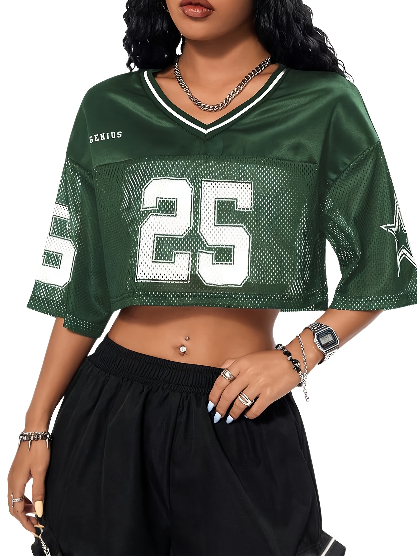 y2k style womens jersey number print crop top v neck short Temu