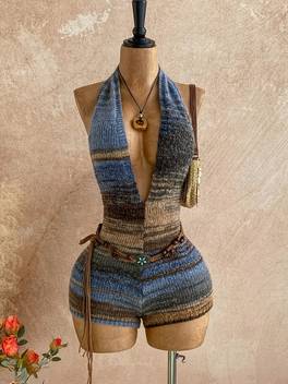 asd1 womens jumpsuit ethnic style vacation halter v neck shorts casual open jumpshorts women sweater