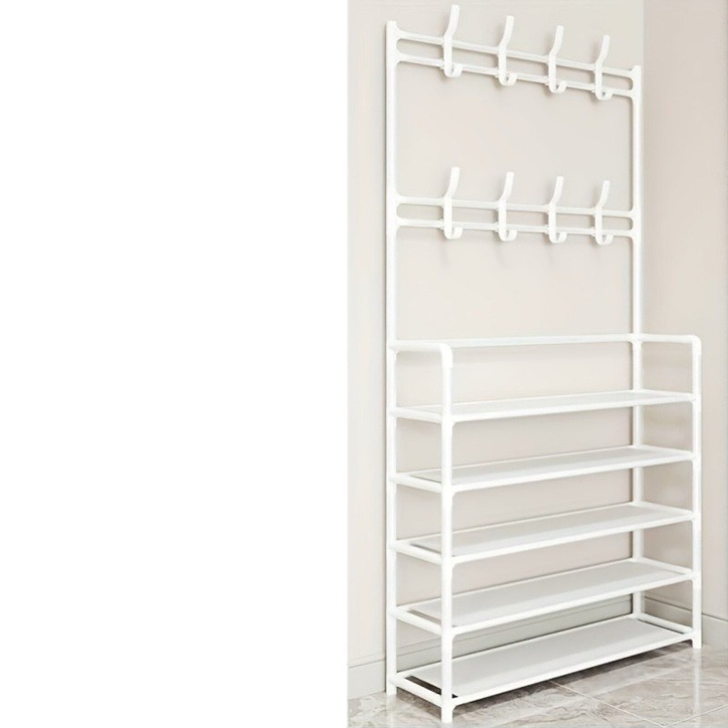 1pc Five-Layer Coat Rack And Shoe Rack Combination, Household Floor-Standing Coat Rack + Shoe Rack Two-In-One, Top Hook for Hanging Hats And Bags + Five-Layer Shoe Rack, Thickened Steel Pipe for Stable Load-Bearing, Entrance Door Storage Rack