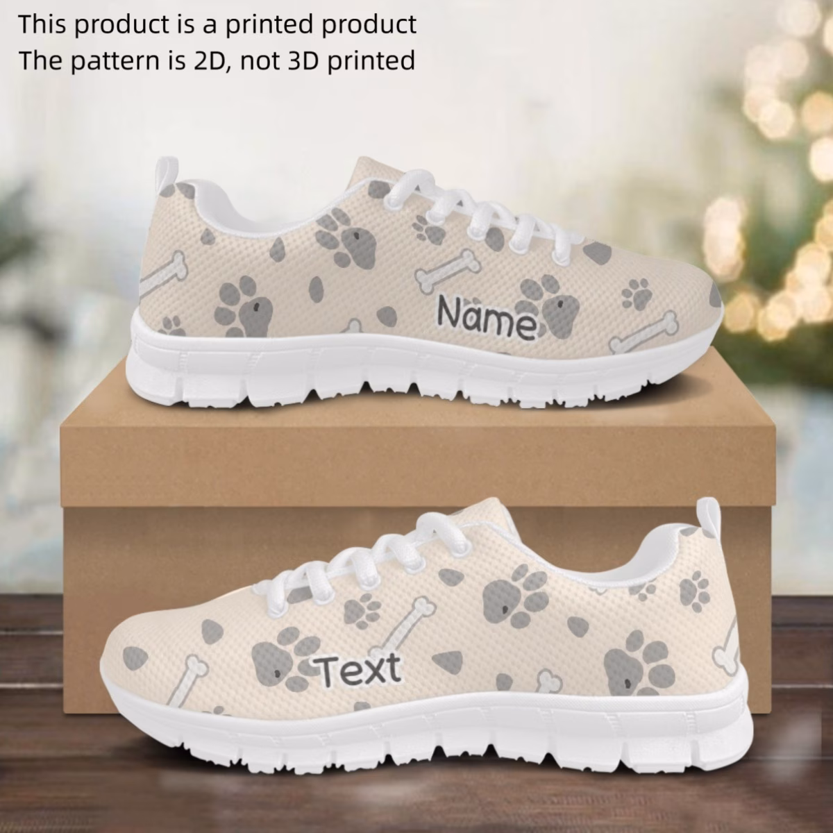 2D Printed Personalized Sneakers with Dog Paw Prints And Bone...