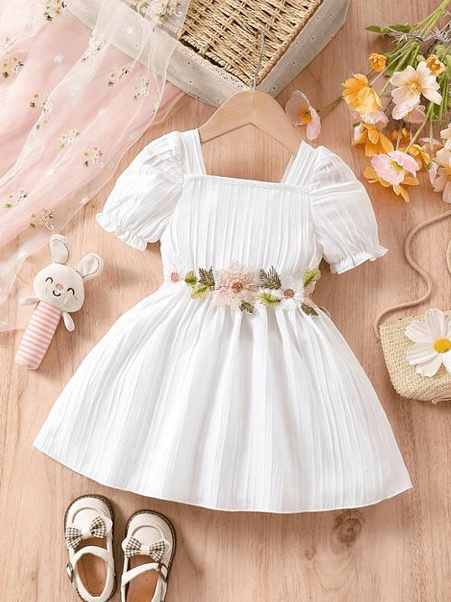 Artikelbild baby quadratischer rundhalsausschnitt einfarbig blumenstickerei strukturiertes puff kurzarm kleid einteiliges sommeroutfit mädchenmode prinzessinnenkleid für tägliche freizeit outdoor niedlicher süßer stil