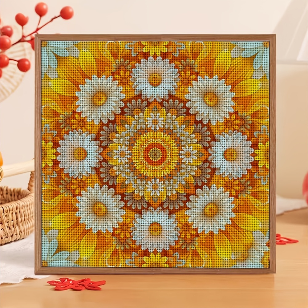 11CT Frameless Cross-Stitch Kit, Symmetrical Yellow-Orange Floral Pattern