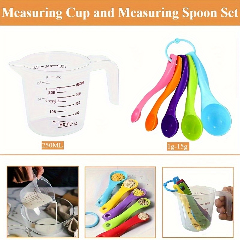 Un juego de vasos y cucharas medidoras de plástico, que incluye cinco cucharas apilables, ideal para mediciones precisas en la cocina y la repostería. Estos vasos medidores cuentan con un boquilla y mango, lo que los convierte en herramientas de cocina esenciales.