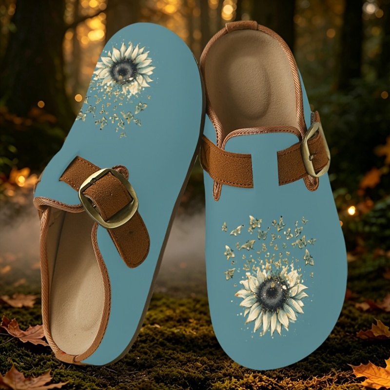 for daily casual balcony outdoor travel universal vintage style mules wide   green   sunflower wear resistant high quality sole with adjustable metal   strap women shoes