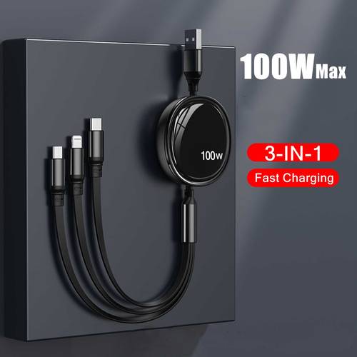 100w max. 3-in-1 schnell-usb-kabel für huawei/honor, einziehbares und tragbares ladekabel, kompatibel mit iphone, samsung und allen smartphones mit lightning, typ-c oder micro-usb für schnelles aufladen