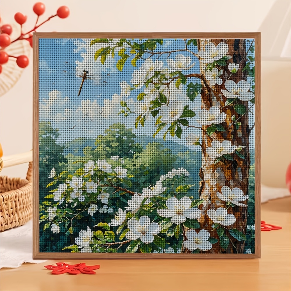Frameless Stitch Printing Kit, White Flowers & Green Trees Design
