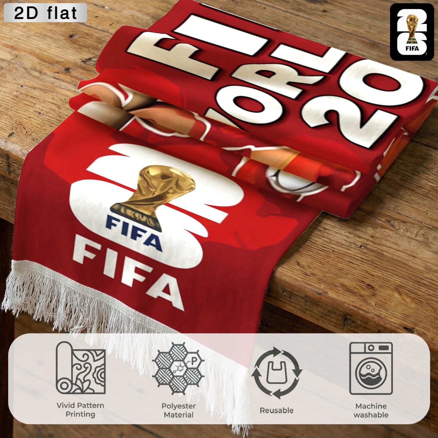 1pc 2026 FIFA World Cup Spectator Scarf (With Tassels), Mascot And Football Design, Red, Blue And Green Color Scheme, an Essential Cheering Accessory, Supporter'S Flag, Polyester