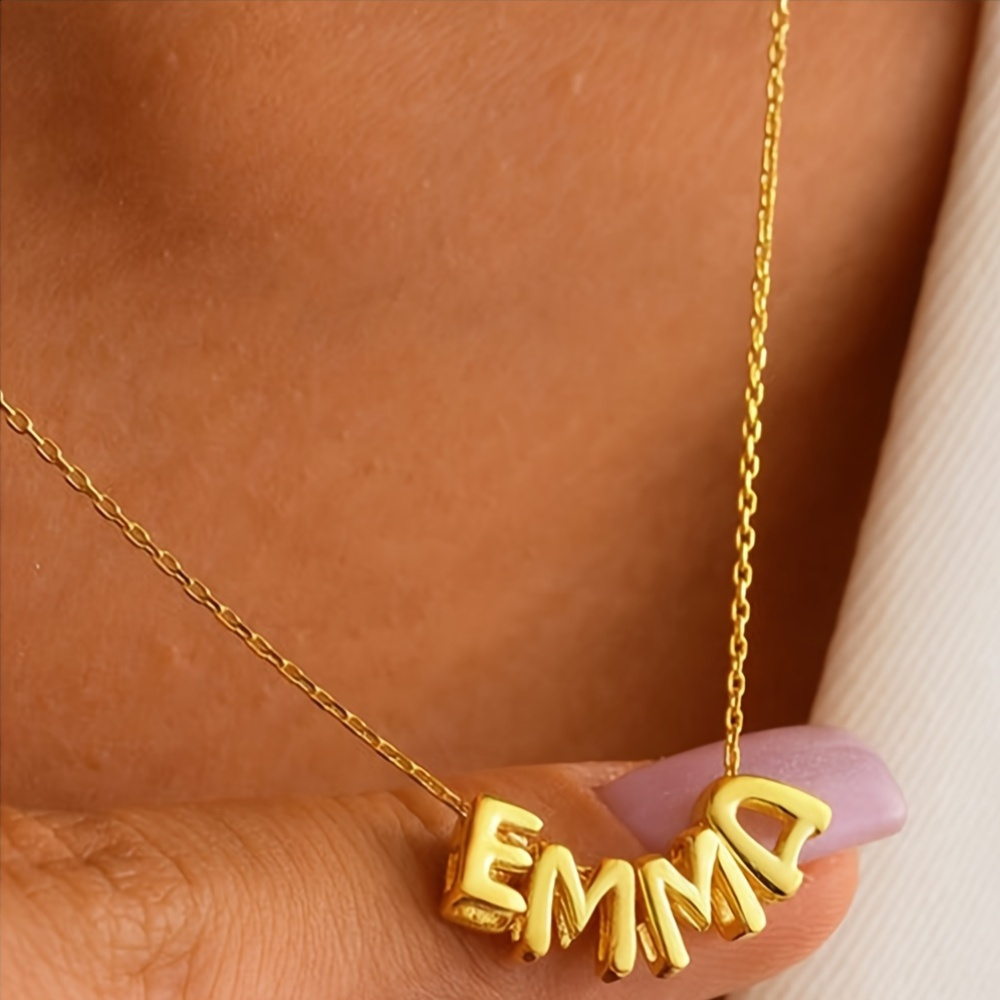 Golden Tone 3D Bubble Name Necklace Personalized Initial Charm Jewelry
